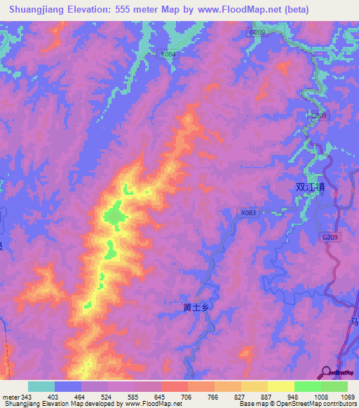 Shuangjiang,China Elevation Map