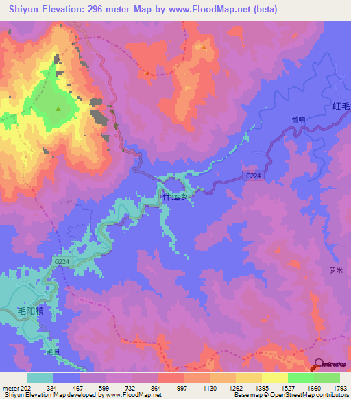 Shiyun,China Elevation Map