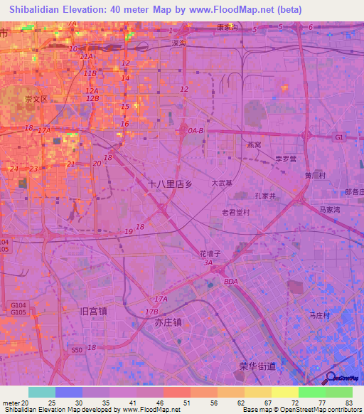 Shibalidian,China Elevation Map