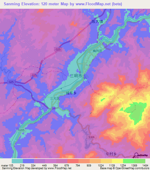 Sanming,China Elevation Map