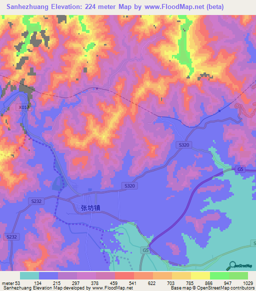 Sanhezhuang,China Elevation Map