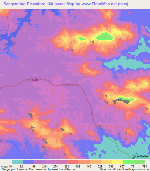 Sangengluo,China Elevation Map