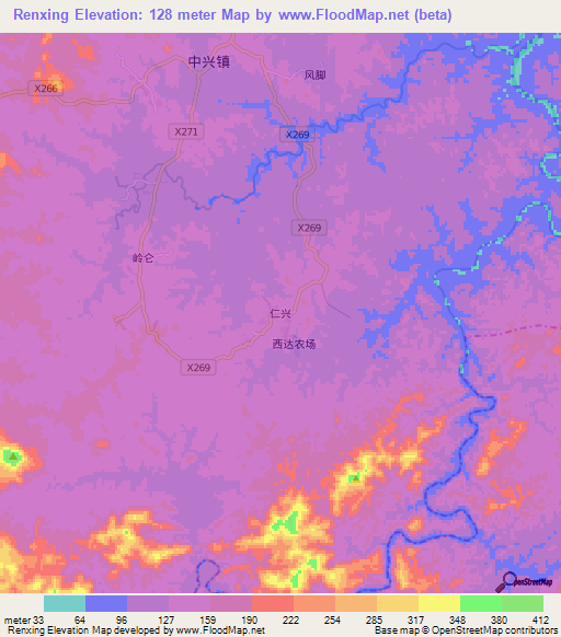 Renxing,China Elevation Map