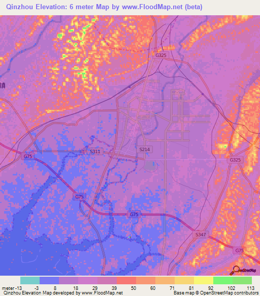 Qinzhou,China Elevation Map
