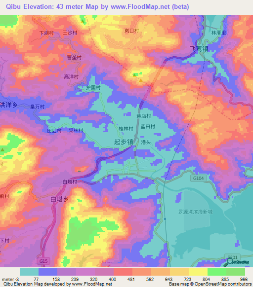 Qibu,China Elevation Map