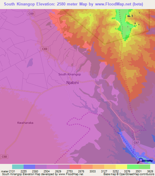 South Kinangop,Kenya Elevation Map
