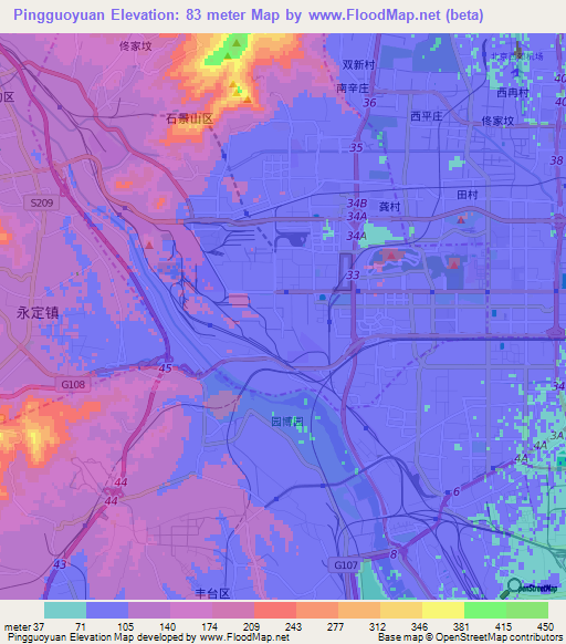 Pingguoyuan,China Elevation Map