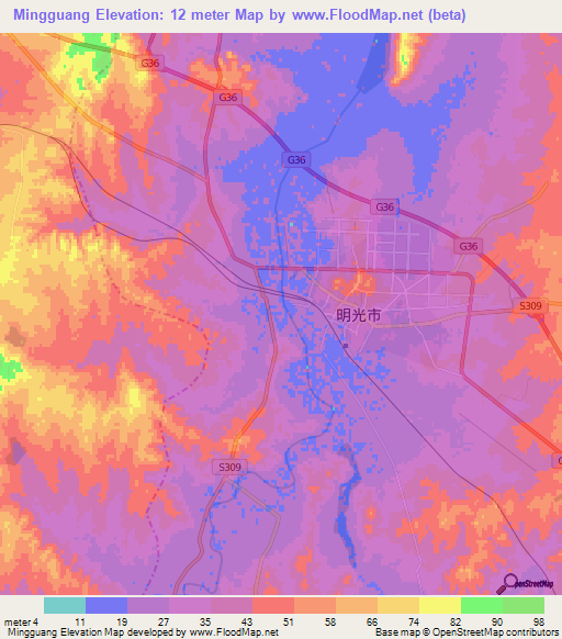 Mingguang,China Elevation Map