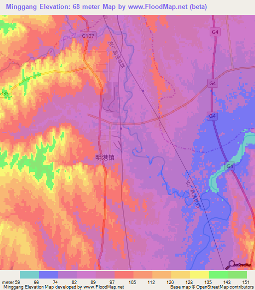 Minggang,China Elevation Map