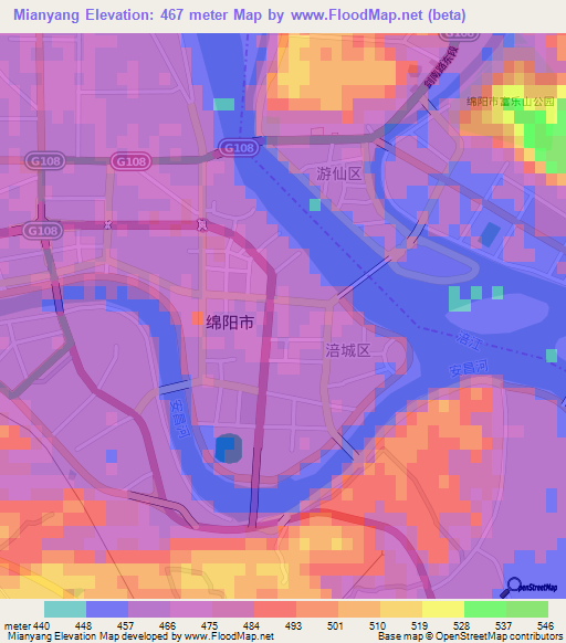 Mianyang,China Elevation Map