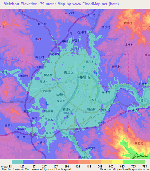 Meizhou,China Elevation Map