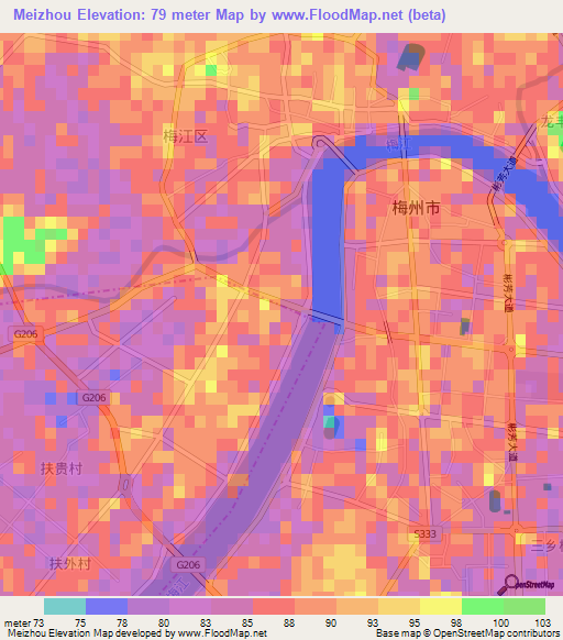 Meizhou,China Elevation Map