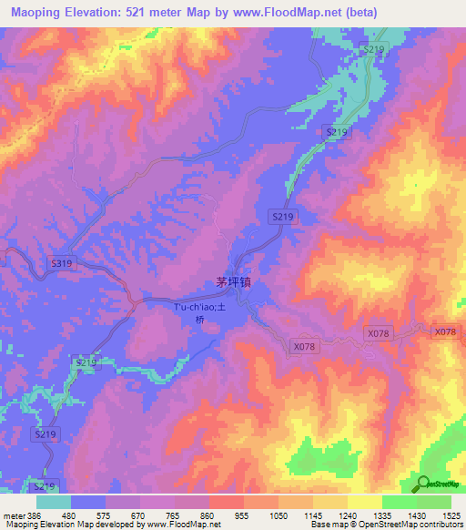 Maoping,China Elevation Map
