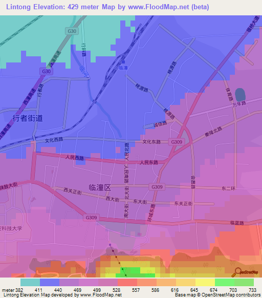 Lintong,China Elevation Map