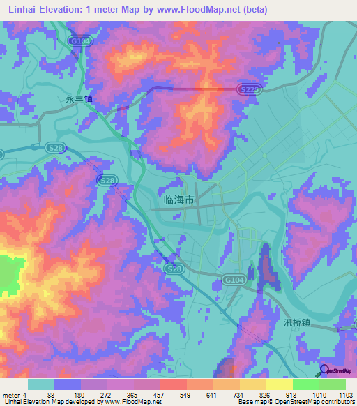 Linhai,China Elevation Map
