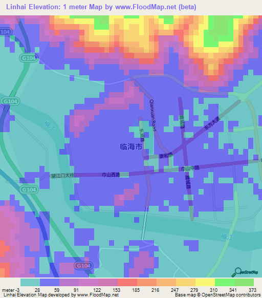 Linhai,China Elevation Map