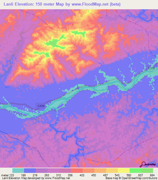 Lanli,China Elevation Map