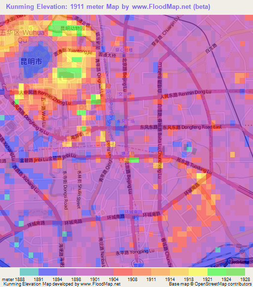 Kunming,China Elevation Map