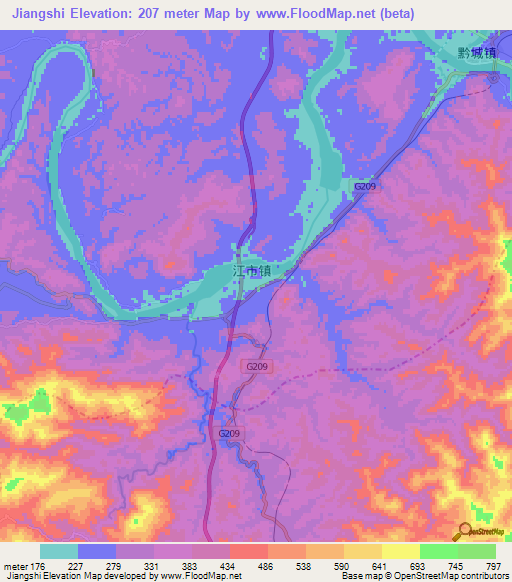 Jiangshi,China Elevation Map