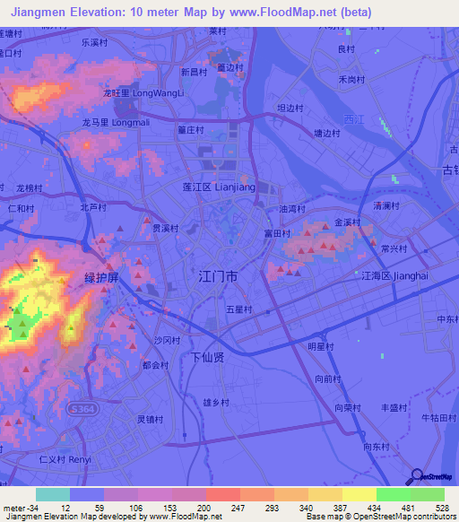 Jiangmen,China Elevation Map