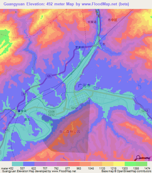 Guangyuan,China Elevation Map