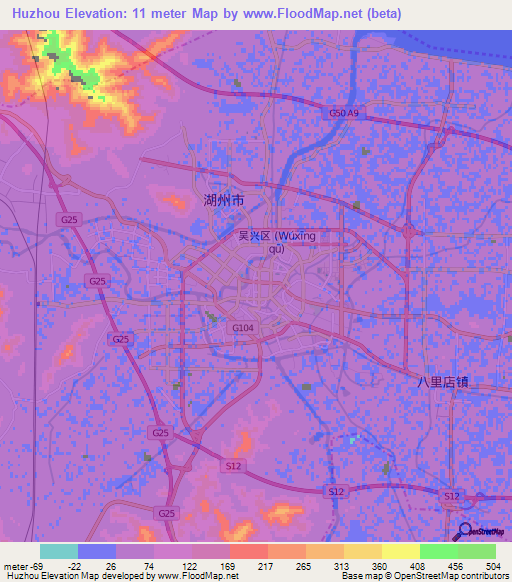 Huzhou,China Elevation Map