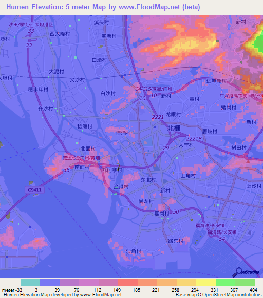Humen,China Elevation Map