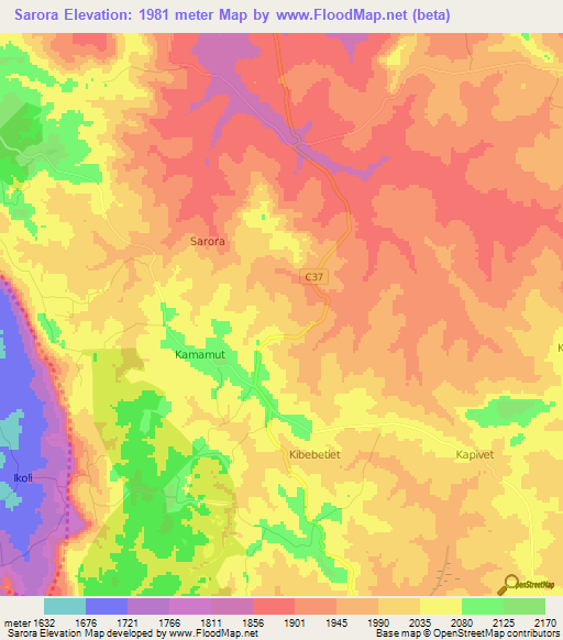 Sarora,Kenya Elevation Map