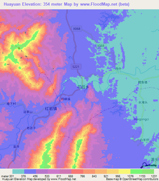 Huayuan,China Elevation Map