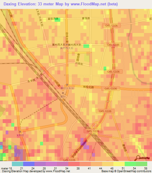 Daxing,China Elevation Map