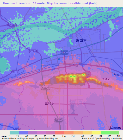 Huainan,China Elevation Map
