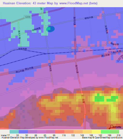 Huainan,China Elevation Map