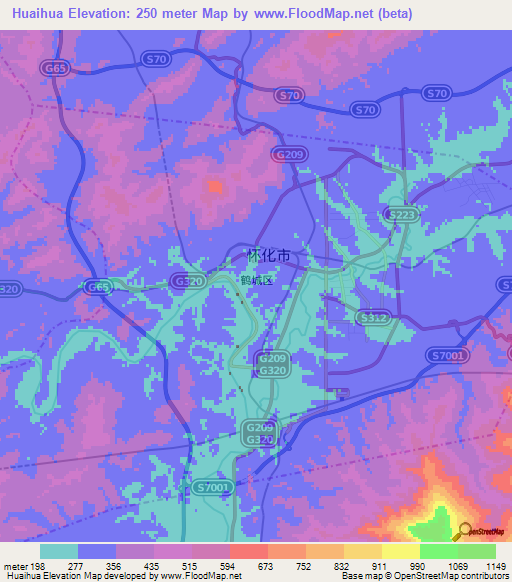 Huaihua,China Elevation Map