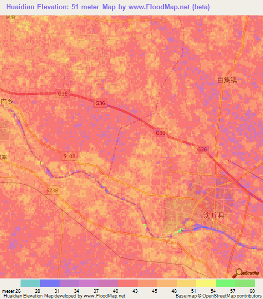 Huaidian,China Elevation Map