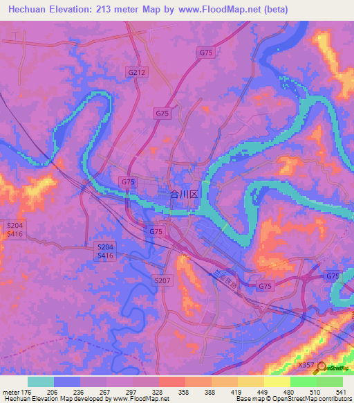 Hechuan,China Elevation Map