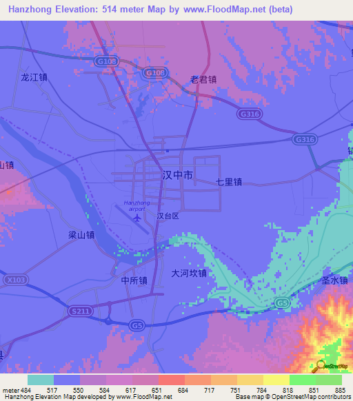 Hanzhong,China Elevation Map