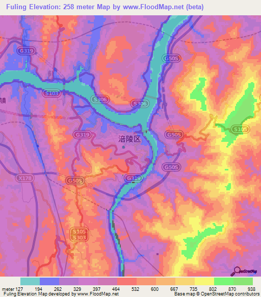 Fuling,China Elevation Map