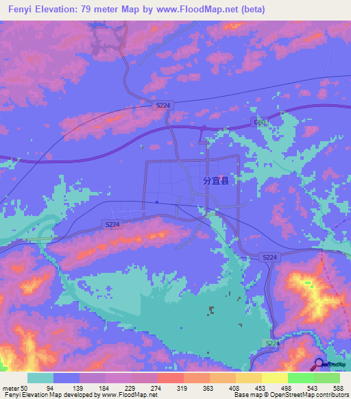 Fenyi,China Elevation Map