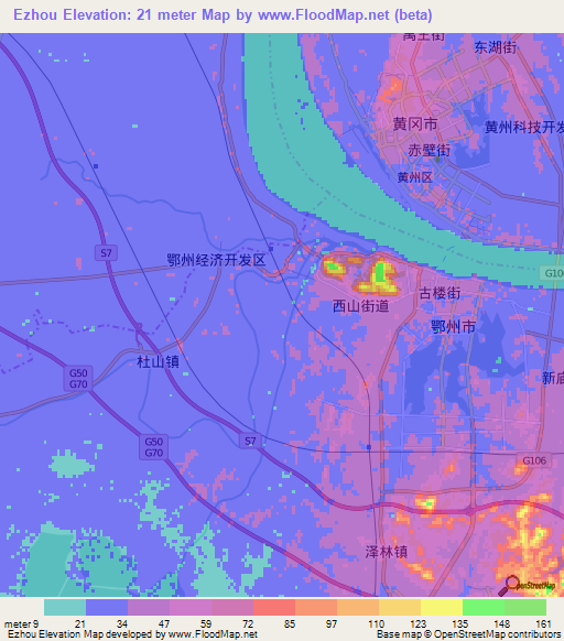 Ezhou,China Elevation Map