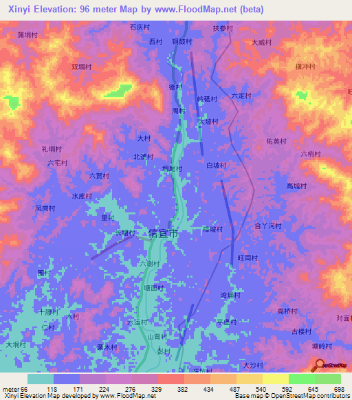 Xinyi,China Elevation Map