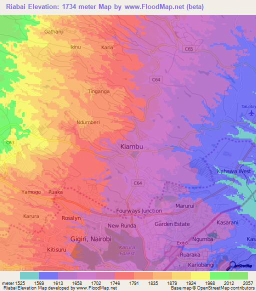 Riabai,Kenya Elevation Map