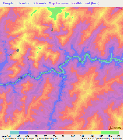 Dingdan,China Elevation Map