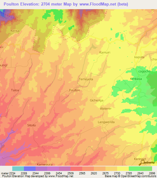 Poulton,Kenya Elevation Map