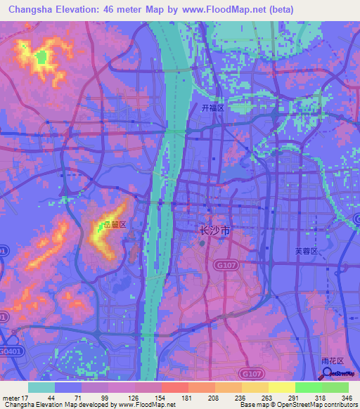 Changsha,China Elevation Map
