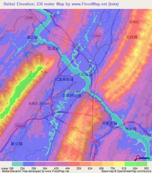 Beibei,China Elevation Map