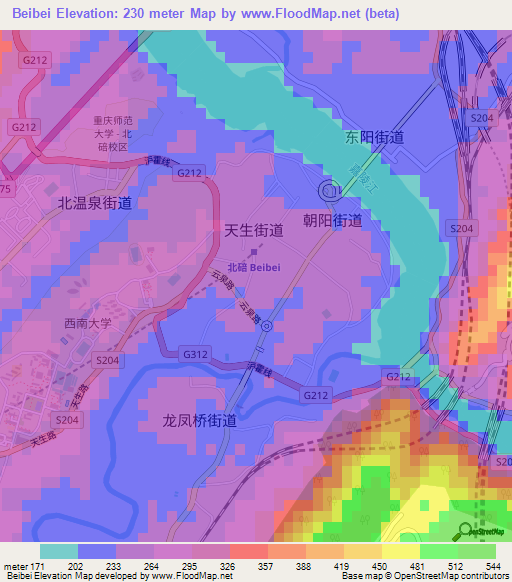 Beibei,China Elevation Map