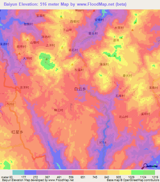 Baiyun,China Elevation Map