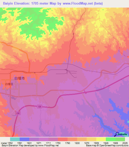 Baiyin,China Elevation Map