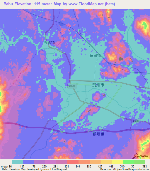 Babu,China Elevation Map