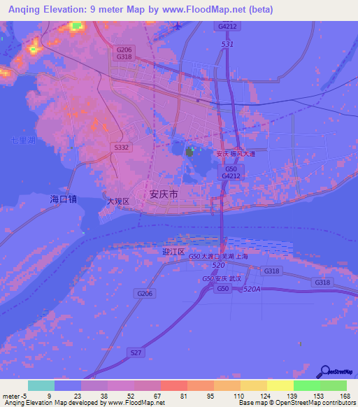 Anqing,China Elevation Map